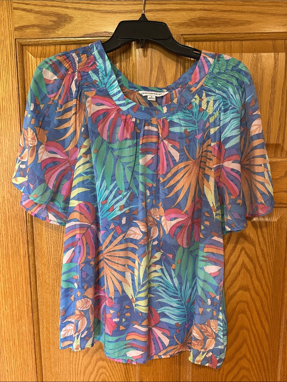 Blue Tropical Leaf Print Flutter Sleeve Blouse